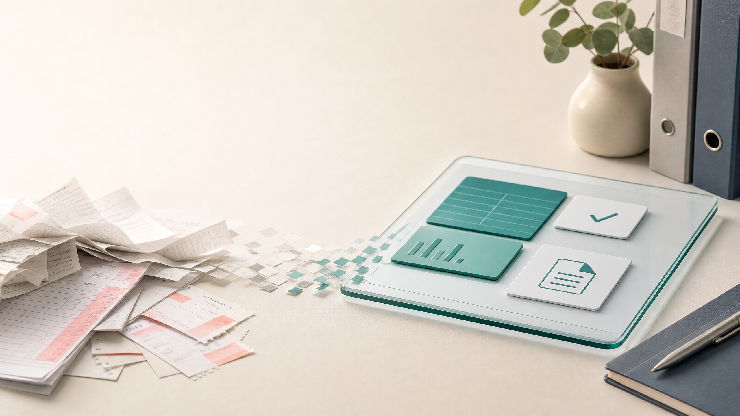 Aufgeräumter digitaler Verwaltungsablauf mit Dokumenten und Prüfschritten