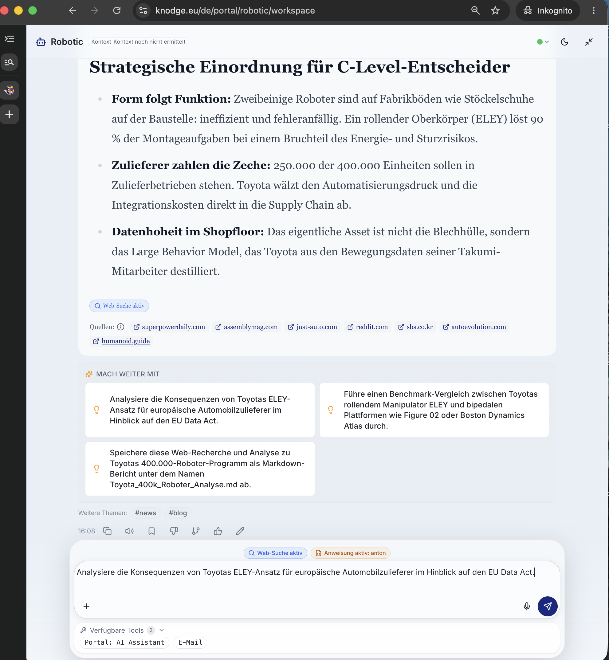 Screenshot einer Knodge-KI-Antwort mit strategischen Einordnungen und nächsten Arbeitsvorschlägen